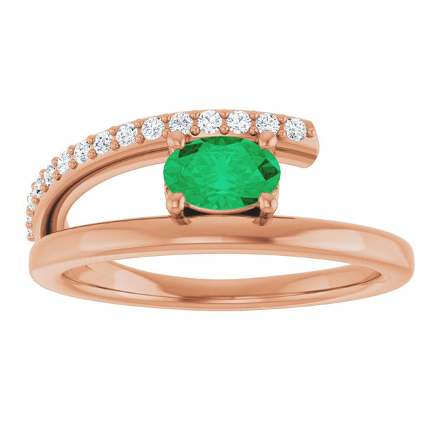 14K Gold Oval Lab-Grown Emerald & Natural Diamond Accented Bypass Ring - Rose Gold - view 3
