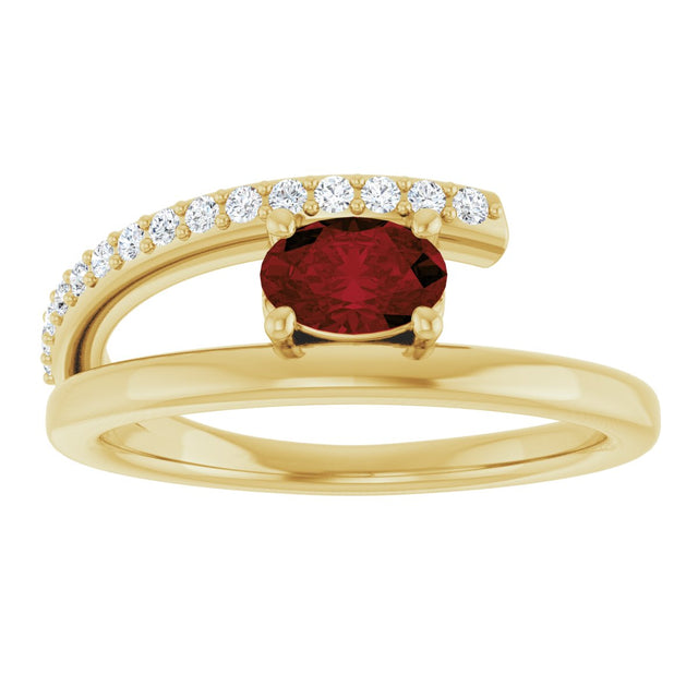 14K Gold Oval Natural Mozambique Garnet & Natural Diamond Accented Bypass Ring – 6mm Stones - Yellow Gold - view 3