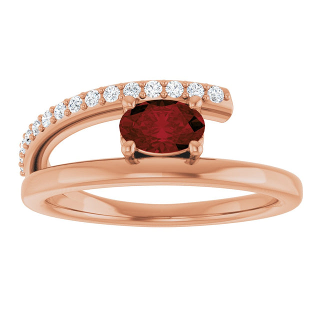 14K Gold Oval Natural Mozambique Garnet & Natural Diamond Accented Bypass Ring – 6mm Stones - Rose Gold - view 3