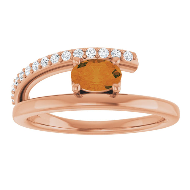 14K Gold Oval Natural Citrine & Natural Diamond Accented Bypass Ring - Rose Gold - view 3