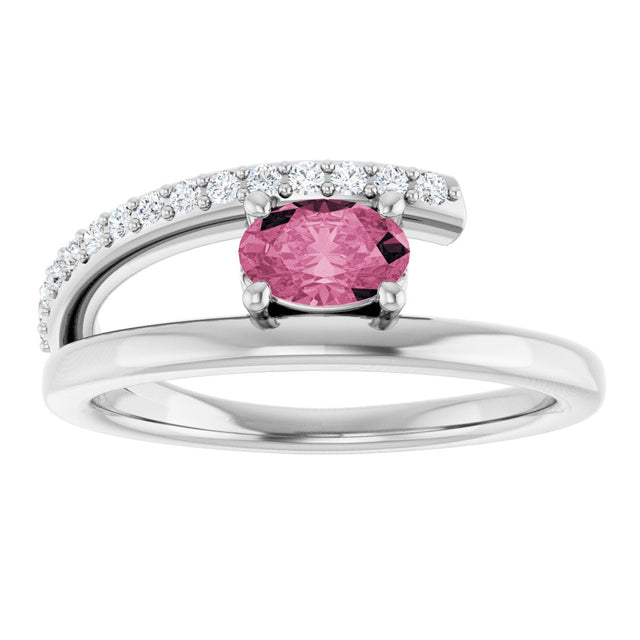14K Gold Oval Natural Pink Tourmaline & Natural Diamond Accented Bypass Ring - White Gold - view 3