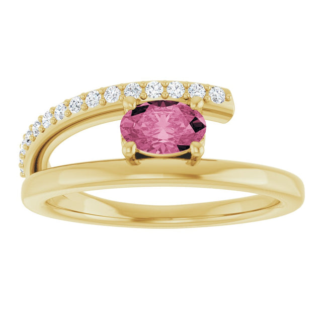 14K Gold Oval Natural Pink Tourmaline & Natural Diamond Accented Bypass Ring - Yellow Gold - view 3