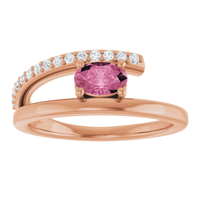 14K Gold Oval Natural Pink Tourmaline & Natural Diamond Accented Bypass Ring - Rose Gold - view 3