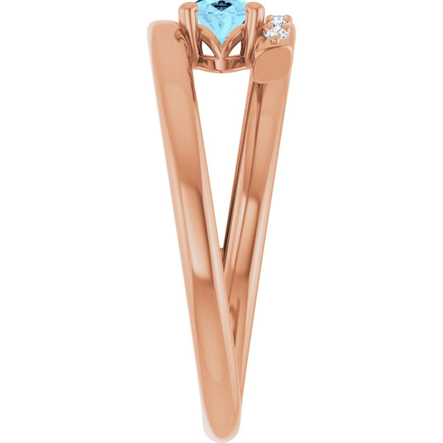 14K Gold Oval Natural Aquamarine & Natural Diamond Accented Bypass Ring - Rose Gold - view 4