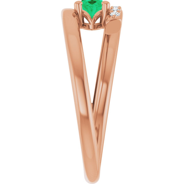 14K Gold Oval Natural Emerald & Natural Diamond Accented Bypass Ring - Rose Gold - view 4