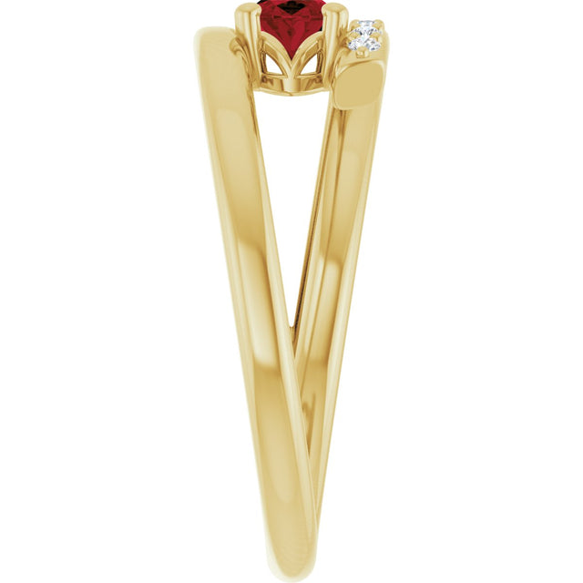 14K Gold Oval Natural Mozambique Garnet & Natural Diamond Accented Bypass Ring – 6mm Stones - Yellow Gold - view 4