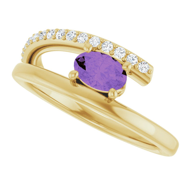 14K Gold Oval Natural Amethyst & Natural Diamond Accented Bypass Ring - Yellow Gold - view 5