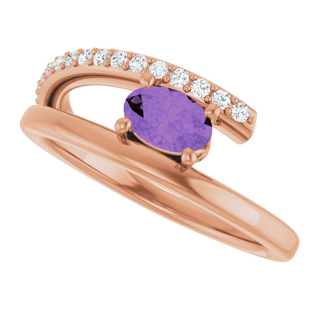 14K Gold Oval Natural Amethyst & Natural Diamond Accented Bypass Ring - Rose Gold - view 5