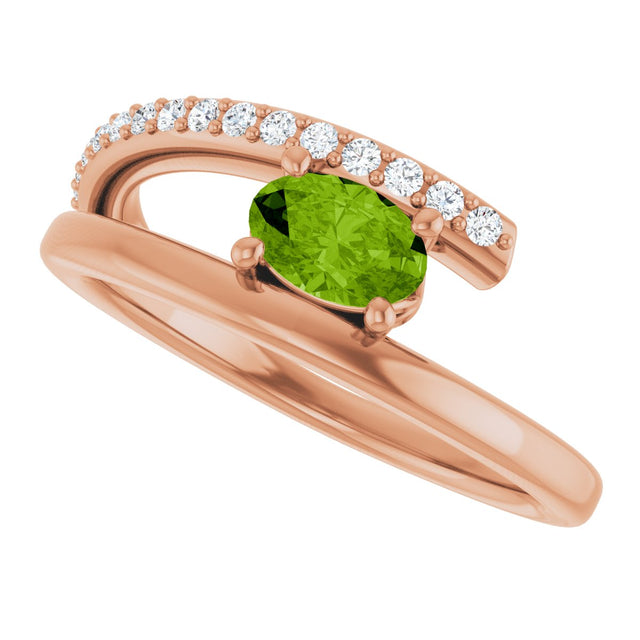 14K Gold Oval Natural Peridot & Natural Diamond Accented Bypass Ring - Rose Gold - view 5