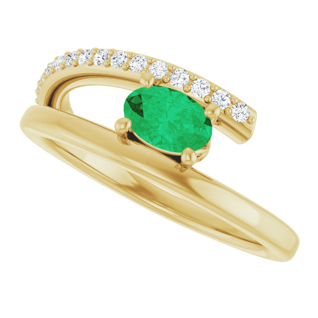 14K Gold Oval Natural Emerald & Natural Diamond Accented Bypass Ring - Yellow Gold - view 5