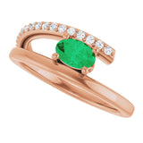 14K Gold Oval Natural Emerald & Natural Diamond Accented Bypass Ring - Rose Gold - view 5