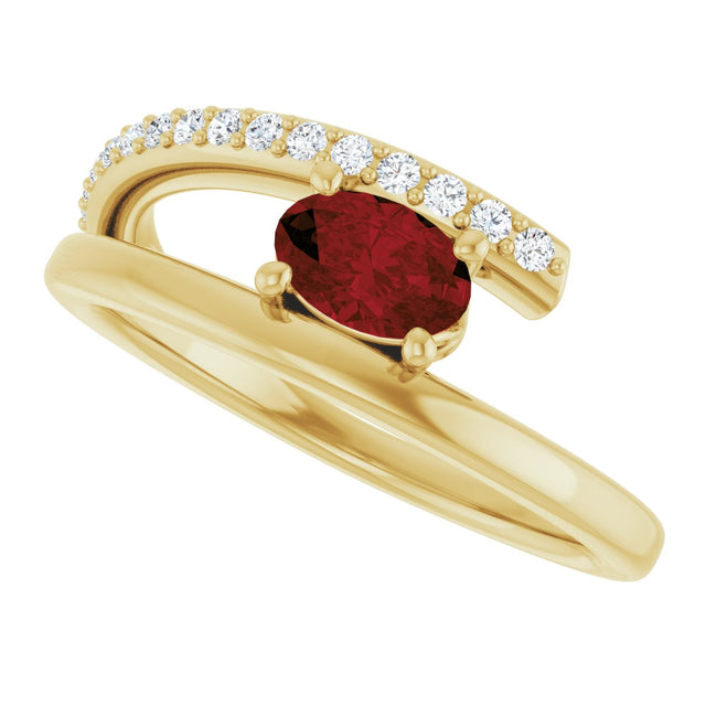 14K Gold Oval Natural Mozambique Garnet & Natural Diamond Accented Bypass Ring – 6mm Stones - Yellow Gold - view 5