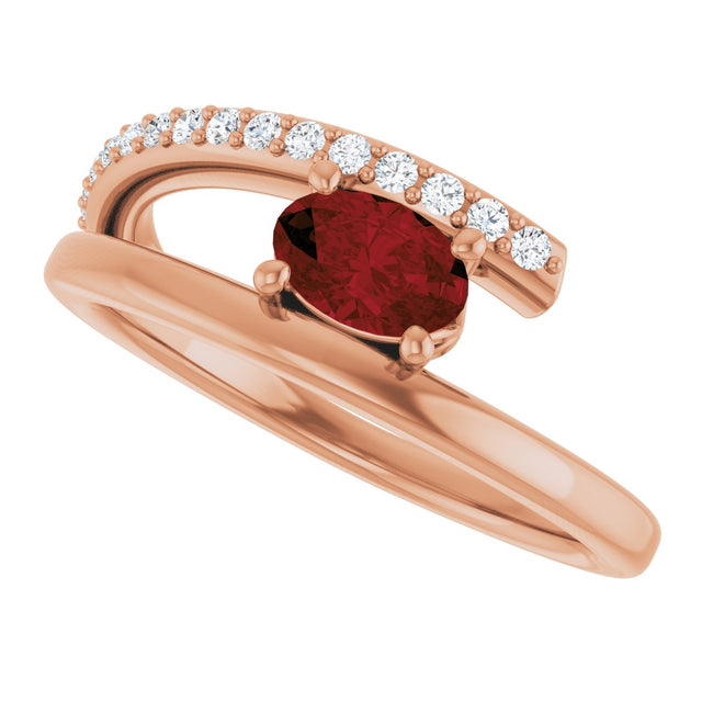 14K Gold Oval Natural Mozambique Garnet & Natural Diamond Accented Bypass Ring – 6mm Stones - Rose Gold - view 5