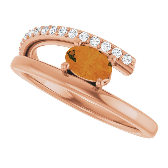14K Gold Oval Natural Citrine & Natural Diamond Accented Bypass Ring - Rose Gold - view 5