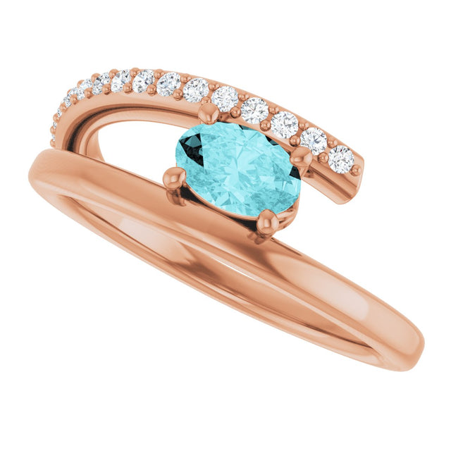 14K Gold Oval Natural Blue Zircon & Natural Diamond Accented Bypass Ring - Rose Gold - view 5