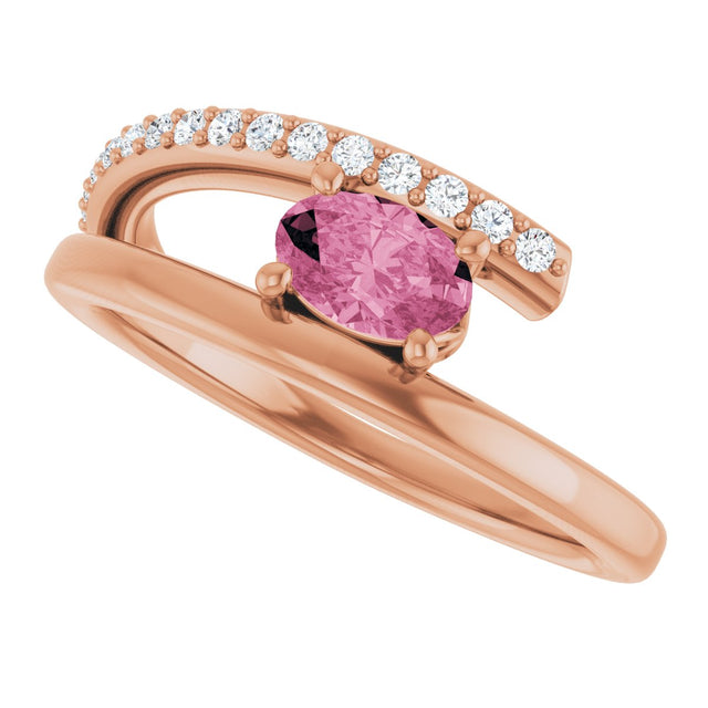 14K Gold Oval Natural Pink Tourmaline & Natural Diamond Accented Bypass Ring - Rose Gold - view 5