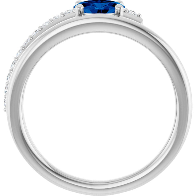 14K Gold Oval Lab-Grown Blue Sapphire & Natural Diamond Accented Bypass Ring - White Gold - view 2