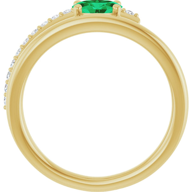 14K Gold Oval Lab-Grown Emerald & Natural Diamond Accented Bypass Ring - Yellow Gold - view 2