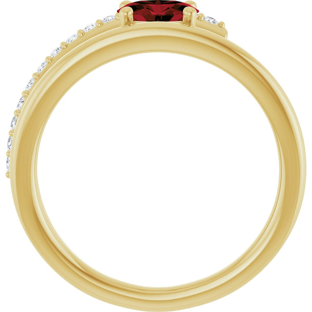 14K Gold Oval Natural Mozambique Garnet & Natural Diamond Accented Bypass Ring – 6mm Stones - Yellow Gold - view 2