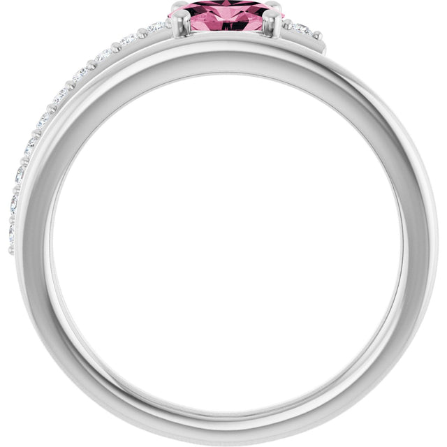 14K Gold Oval Natural Pink Tourmaline & Natural Diamond Accented Bypass Ring - White Gold - view 2