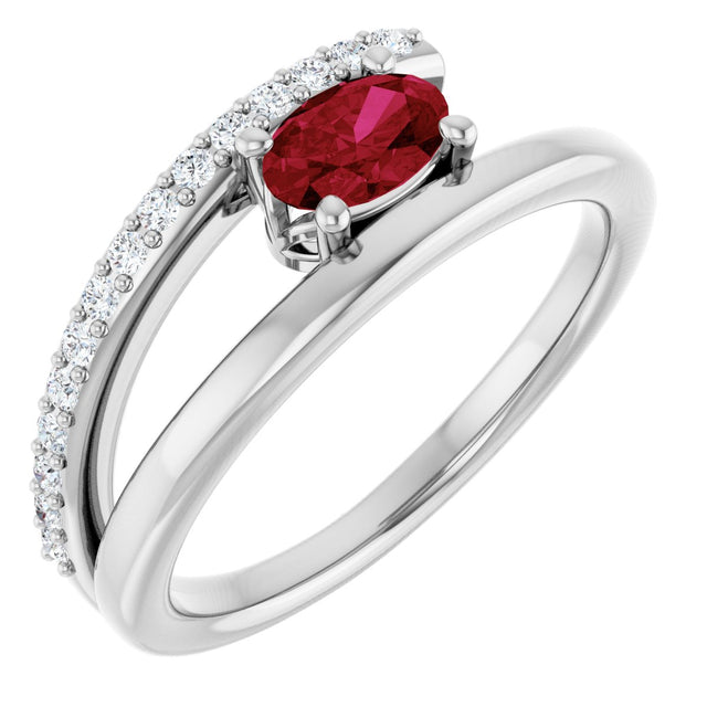Platinum Oval Natural Ruby & Natural Diamond Accented Bypass Ring