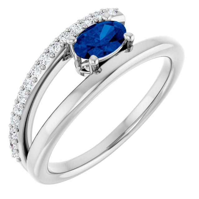 14K Gold Oval Lab-Grown Blue Sapphire & Natural Diamond Accented Bypass Ring - White Gold