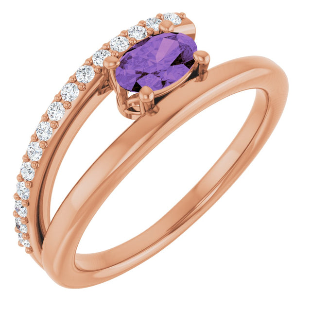 14K Gold Oval Natural Amethyst & Natural Diamond Accented Bypass Ring - Rose Gold