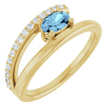 14K Gold Oval Natural Aquamarine & Natural Diamond Accented Bypass Ring - Yellow Gold