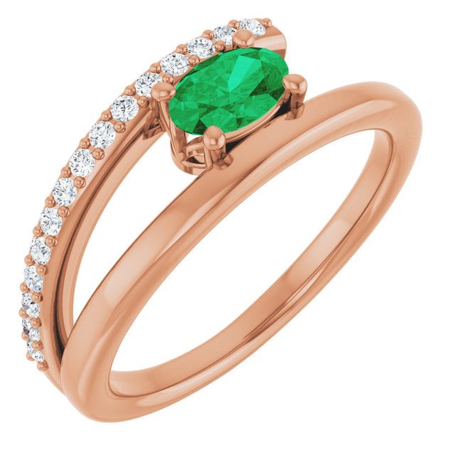 14K Gold Oval Lab-Grown Emerald & Natural Diamond Accented Bypass Ring - Rose Gold