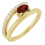 14K Gold Oval Natural Mozambique Garnet & Natural Diamond Accented Bypass Ring – 6mm Stones - Yellow Gold