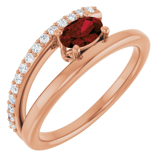 14K Gold Oval Natural Mozambique Garnet & Natural Diamond Accented Bypass Ring – 6mm Stones - Rose Gold