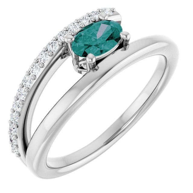 14K Gold Oval Lab-Grown Alexandrite & Natural Diamond Accented Bypass Ring - White Gold