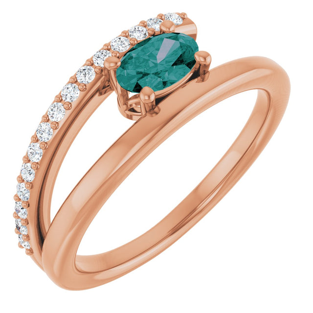 14K Gold Oval Lab-Grown Alexandrite & Natural Diamond Accented Bypass Ring - Rose Gold