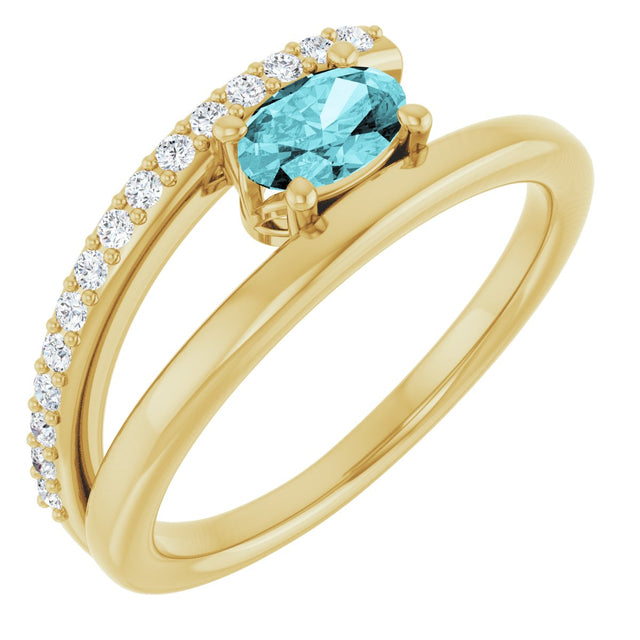 14K Gold Oval Natural Blue Zircon & Natural Diamond Accented Bypass Ring - Yellow Gold