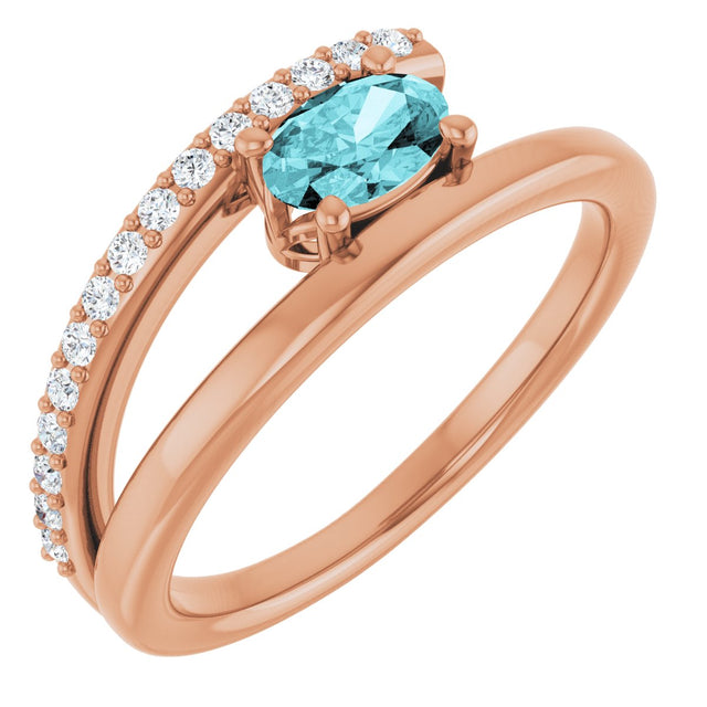 14K Gold Oval Natural Blue Zircon & Natural Diamond Accented Bypass Ring - Rose Gold