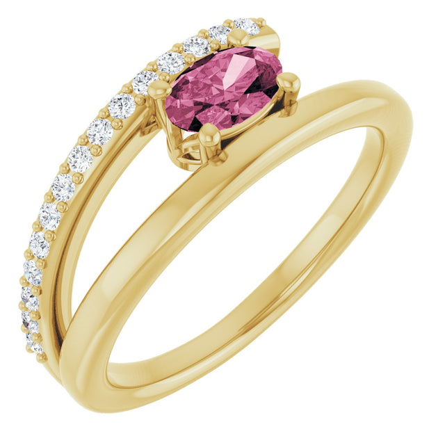 14K Gold Oval Natural Pink Tourmaline & Natural Diamond Accented Bypass Ring - Yellow Gold