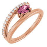 14K Gold Oval Natural Pink Tourmaline & Natural Diamond Accented Bypass Ring - Rose Gold