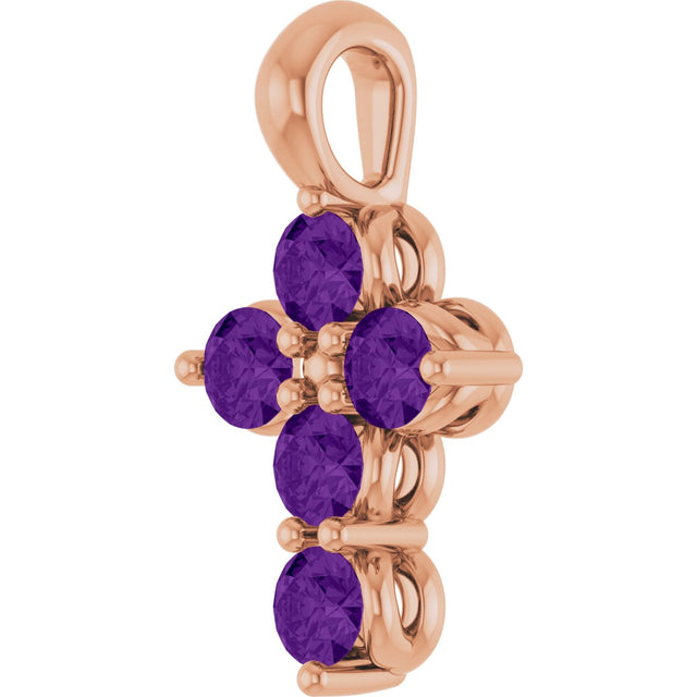 14K Gold Round Natural Amethyst Accented Cross Necklace or Pendant - Rose Gold - view 5