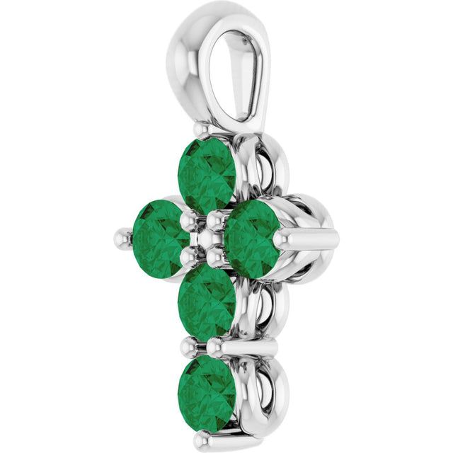 14K Gold Round Natural Emerald Accented Cross Necklace or Pendant - White Gold - view 6
