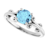 14K Gold Round Natural Aquamarine Sculptural Solitaire Ring - White Gold - view 5
