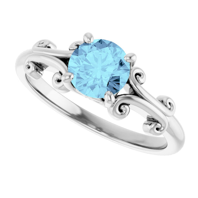 14K Gold Round Natural Aquamarine Sculptural Solitaire Ring - White Gold - view 5