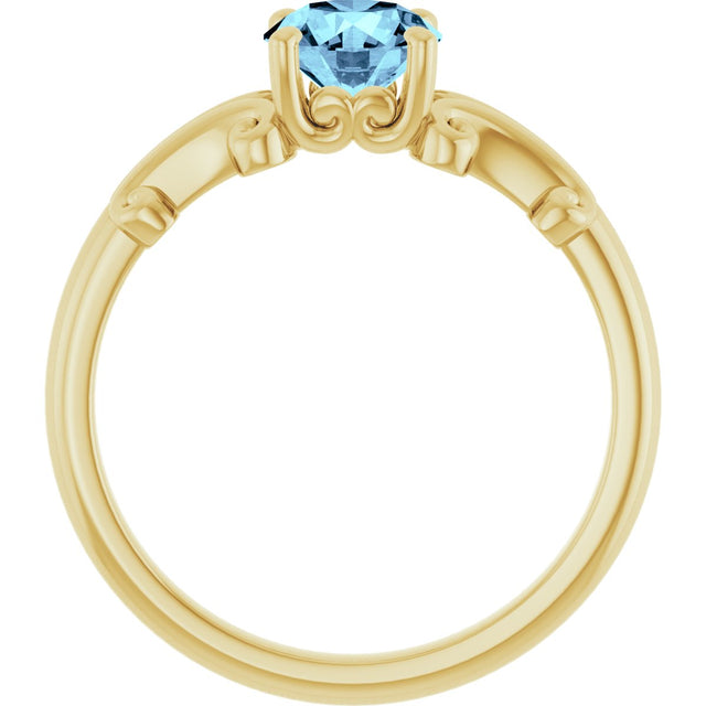 14K Gold Round Natural Aquamarine Sculptural Solitaire Ring - Yellow Gold - view 2