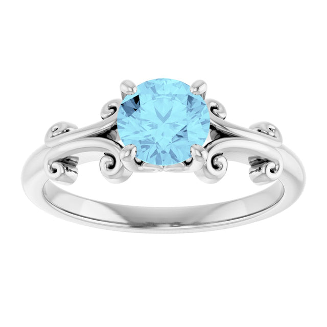 14K Gold Round Natural Aquamarine Sculptural Solitaire Ring - White Gold - view 3