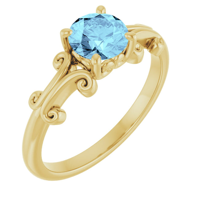 14K Gold Round Natural Aquamarine Sculptural Solitaire Ring - Yellow Gold