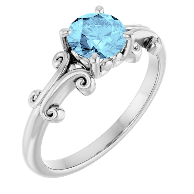 Platinum Round Natural Aquamarine Sculptural Solitaire Ring