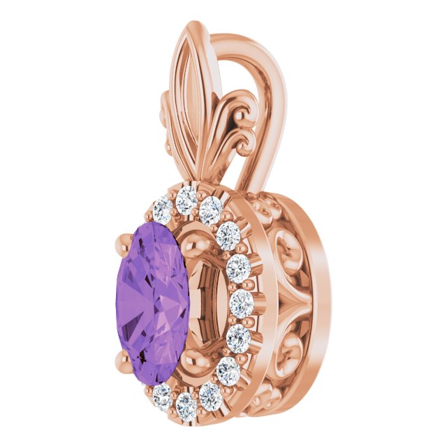 14K Gold Oval Natural Amethyst & Natural Diamond Halo-Style Pendant - Rose Gold - view 2