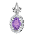 14K Gold Oval Natural Amethyst & Natural Diamond Halo-Style Pendant - White Gold