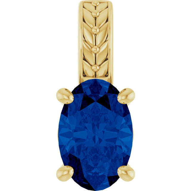 14K Gold Oval Lab-Grown Blue Sapphire Floral-Inspired Solitaire Pendant - Yellow Gold