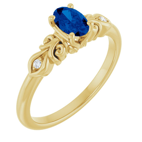 14K Gold Oval Lab-Grown Blue Sapphire & Natural Diamond Accented Ring - Yellow Gold