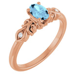 14K Gold Oval Natural Aquamarine & Natural Diamond Accented Ring - Rose Gold